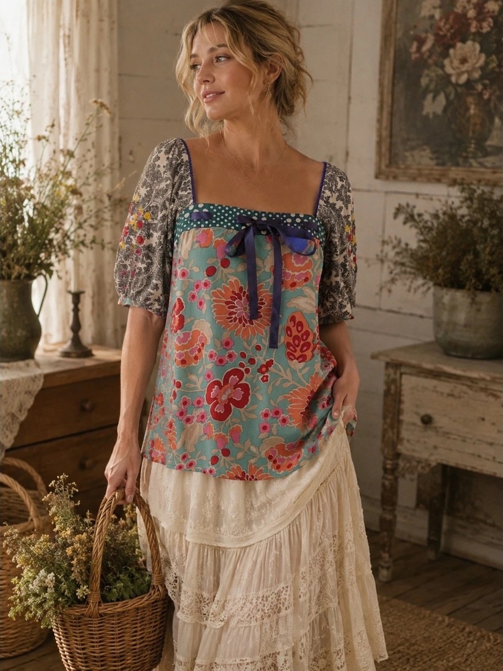 Anthropologie FEI Silk Floral Paisley Cottagecore Blouse Size 6 Empire Waist